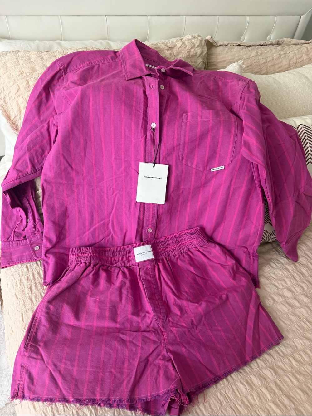Alexander Wang Fuchsia Pink Striped Sleep Shirt & Shorts Set